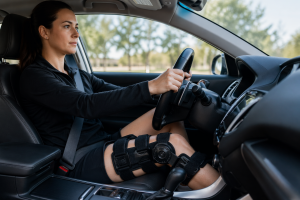 Woman in driver's seat of car wearing a right leg brace.